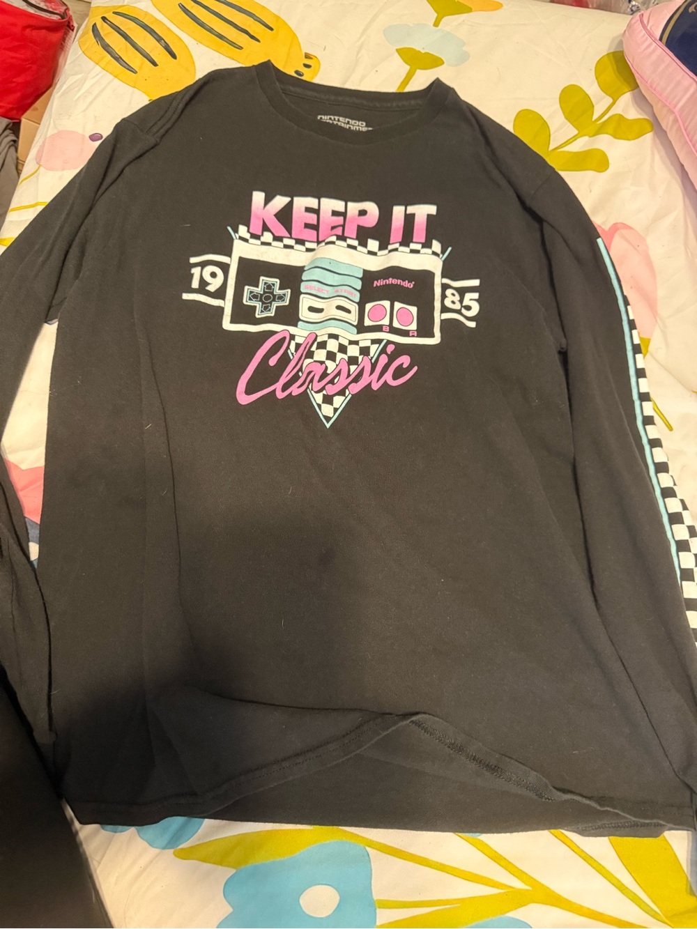 Nintendo Black Long-Sleeve Tee with Pink & Teal Retro Graphic